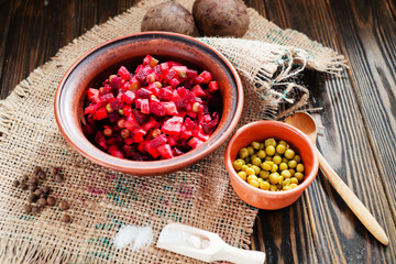 
Ukrainian and Russian national cuisine , salad called vinaigrette  with beet , potatoes , carrots...