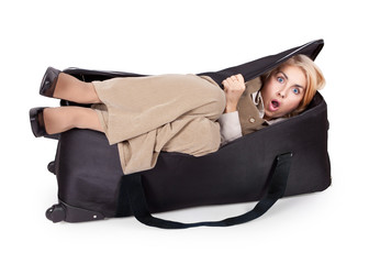 Funny scared girl in a big bag