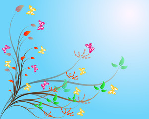Floral on blue background with butterfly