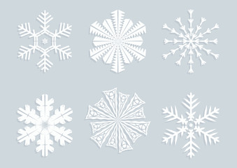 Fototapeta na wymiar Blue snowflakes collection in paper style with shadow. Winter modern icons. Vector illustration 