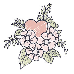 Hand drawn vector design element with heart, flowers, leaves and decorative florals