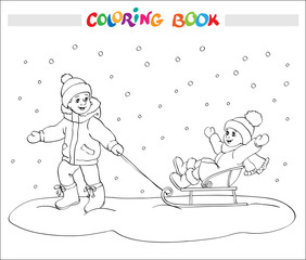 Coloring book or page. Two kids - boy and girl on sled. © elinka_art