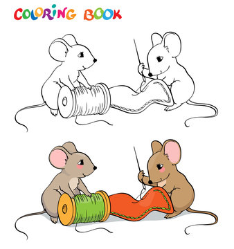 Coloring book or page. One mouse sewing needle, the other holding a spool of thread.