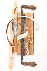 Tool Chisel. Wood shavings in a carpenter's masterpiece.