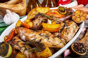 Roasted rabbit with herbs and vegetables