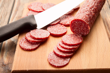 Sausage sliced with a knife