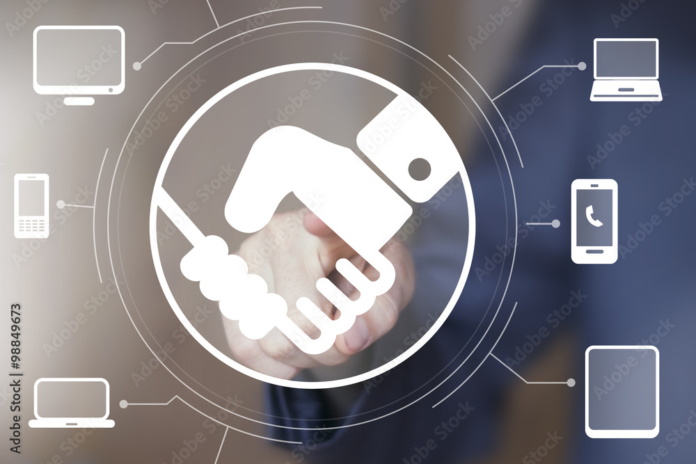 Poster businessman pushing button handshake icon web computer