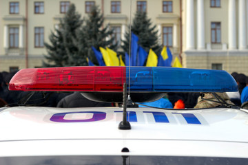 Blue and red flashing sirens of police car, Ukraine