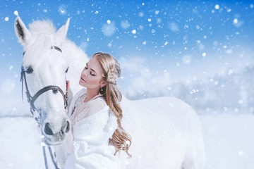 Winter fairytale bride and white horse in snowfall - obrazy, fototapety, plakaty