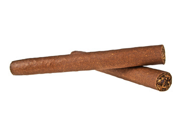 Two cigars, one on another, on white background