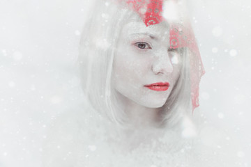 Cold beautiful girl in fairy winter forest with red lips Snow White