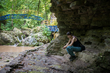 Woman hiker in the mountains of the Northwest Caucasus