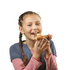 Little girl eating pizza isolated on white
