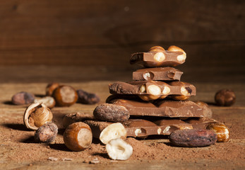 Chocolate stack on wooden background