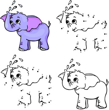Cartoon elephant. Vector illustration. Coloring and dot to dot g