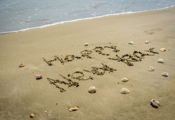Word Happy New Year on the beach sand - vacation and travel conc