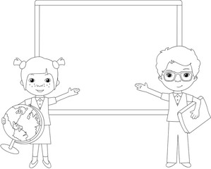 Boy and girl standing near the blackboard in a classroom. Colori