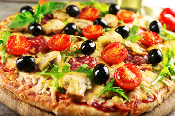 Delicious tasty pizza, closeup