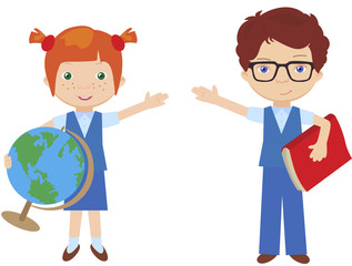 Boy and girl in school uniform. Schoolgirl with a globe and stud