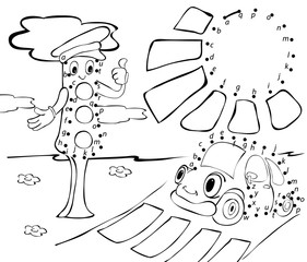 Cartoon car, traffic lights and sun. Vector illustration. Colori