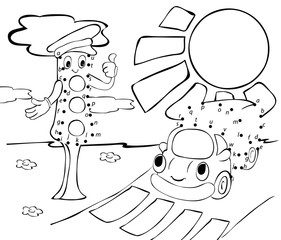 Cartoon lorry, traffic lights and sun. Vector illustration. Colo