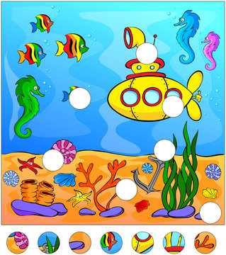Underwater world and submarine: complete the puzzle and find the
