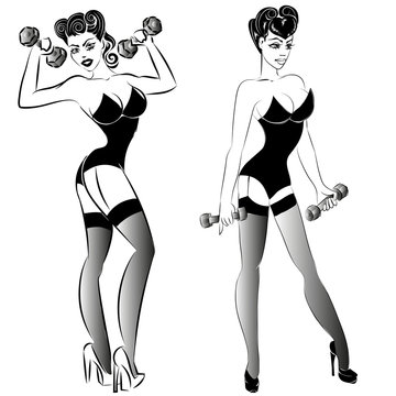 pin-up fitness girl with dumbells