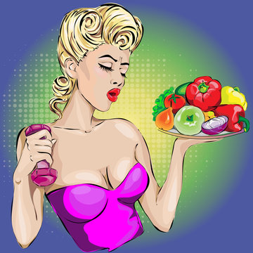 pin-up fitness girl with dumbells and vegetables