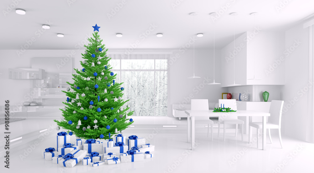 Wall mural interior of a white apartment with christmas tree 3d rendering