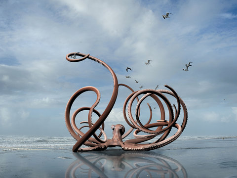 Rendering Of A Monster Octopus Crawling Out Of The Ocean Onto A Washington Coast Beach.