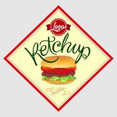 Tomato Ketchup Label. Vector Illustration with Hand Lettered Text and Hamburger Illustration.