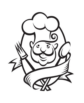 monochrome illustration of a chef with spoon, fork and ribbon