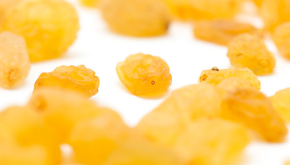 Golden raisins on a white background