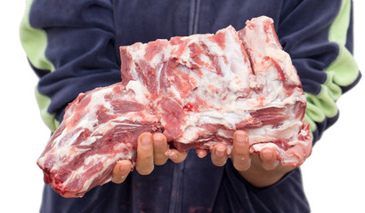 fresh meat in hand on a white background