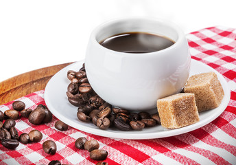 morning cup of coffee on a wooden tray