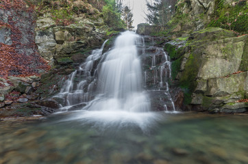 Fototapeta na wymiar Waterfall Wielki in Obidza, Beskid Sadecki mountain range in Polish Carpathian Mountains