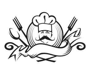 monochrome illustration of a chef with spoon, fork and ribbon