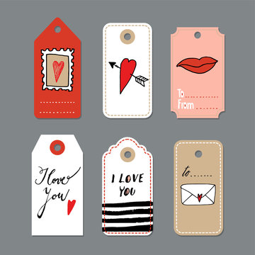 Set of cute hand drawn Valentines day cards, gift tags, isolated vectors