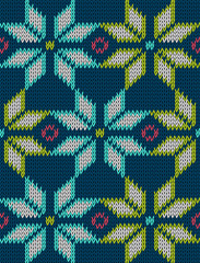 Knitted bright seamless winter holiday pattern with stylized nordic sweater ornament. Clothing design. Vector illustration.