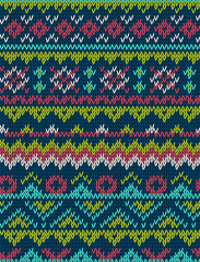 Knitted bright seamless winter holiday pattern with stylized nordic sweater ornament. Clothing design. Vector illustration.