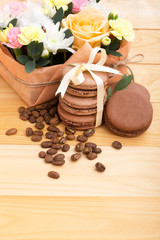 macaroons in stack on wooden background