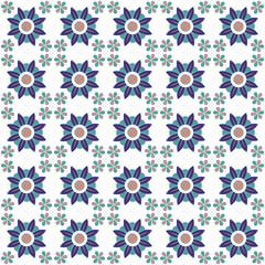 Seamless background image of vintage blue round flower repeat kaleidoscope pattern.
