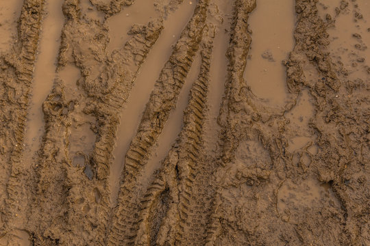 Texture of wet brown mud with bicycle tyre tracks
