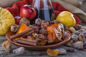 Fried fruit apple and pumpkin with cinnamon and wine