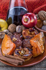 Fried fruit apple and pumpkin with cinnamon and wine