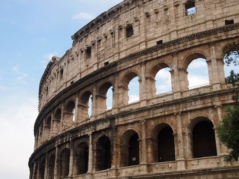Close-up view of the gigantic Colosseum in Rome, Italy.
