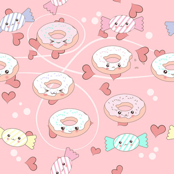 Funny vector patterт with cute cartoon donut and candy characters .