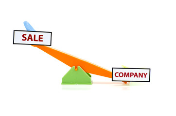 image concept unbalance word sale on top and company at bottom.green and orange color toy seesaw isolated white background