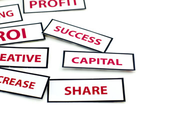 business motivation word CAPITAL, SUCCESS, and SHARE  printed on paper with red color isolated on white background