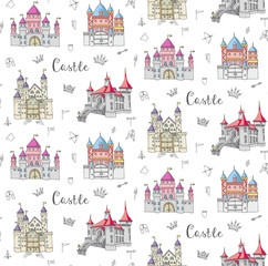 Seamless background of set of hand drawn cartoon fairy tale princess castle icons, castle doodle vector sketch with set of fairytale, game icons - crossbow, arrow, knight helmet, flag,  crown